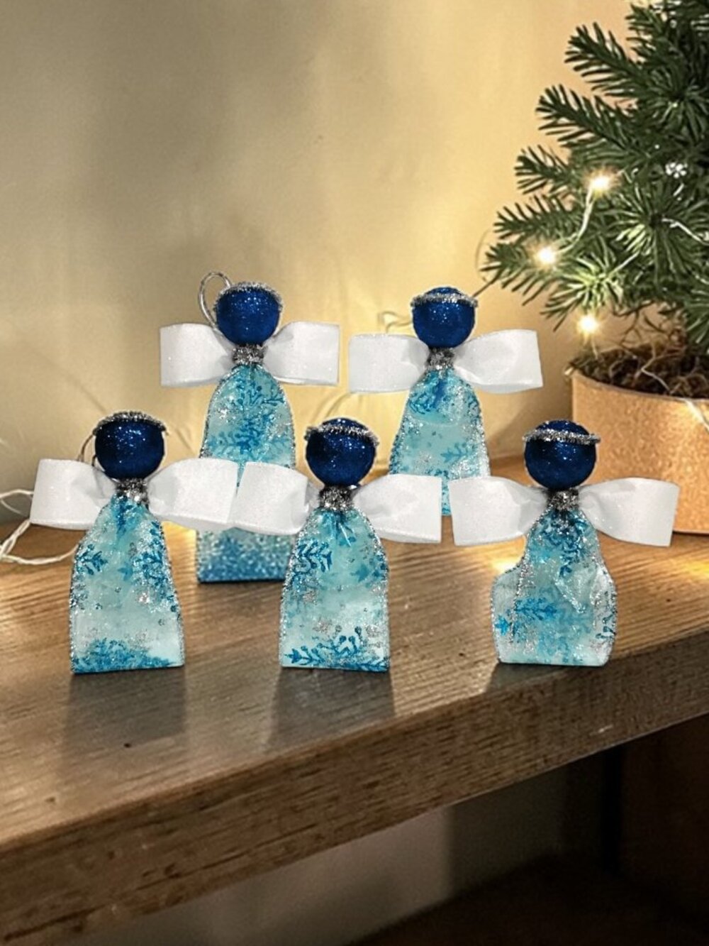 (5) Turquoise Sparkling White & Silver ANGEL Christmas Ornaments Keepsake Gifts